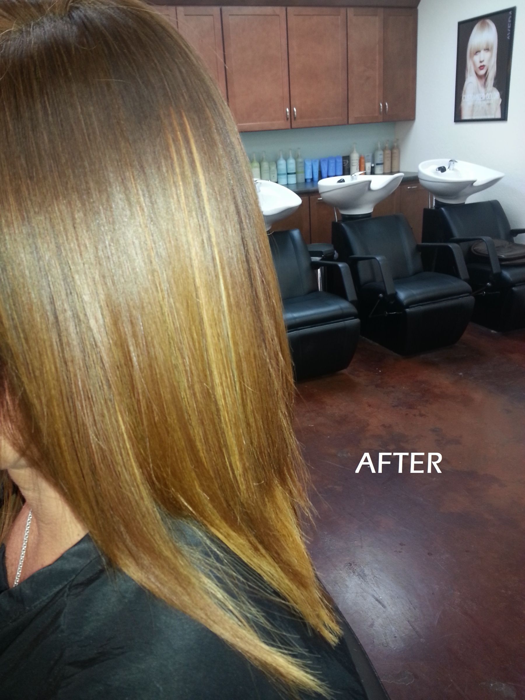 After: the same hair after: glossy, even golden-brown color