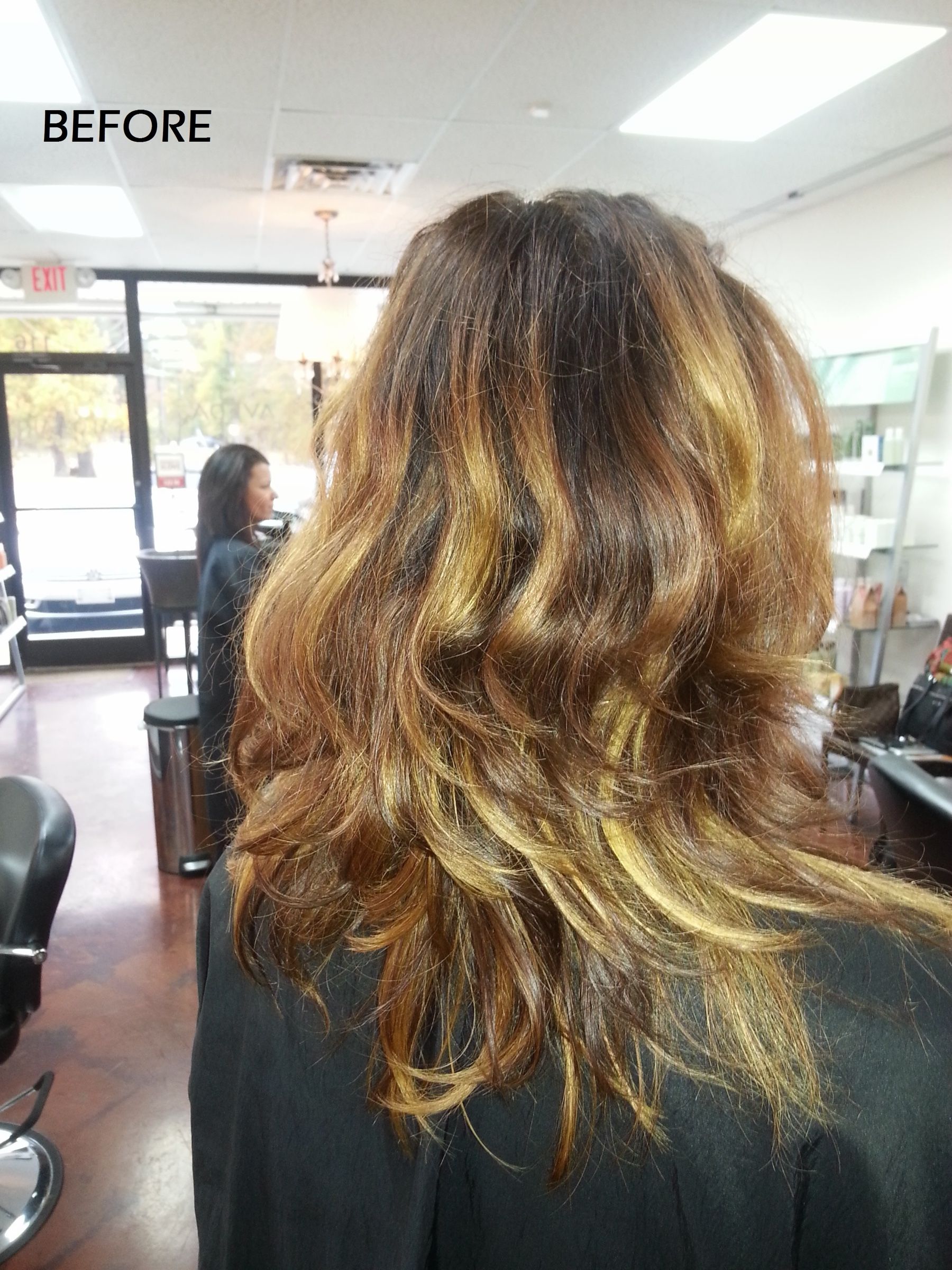 Before: long brown hair with grown-out, brassy color